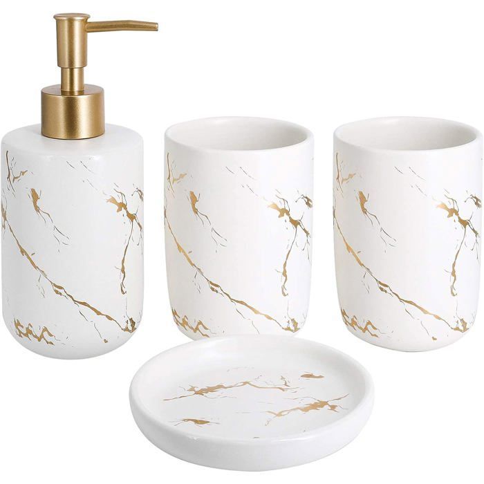 Set van 4 keramische badkameraccessoires met zeepdispenser, bekers en zeepbakje (wit)