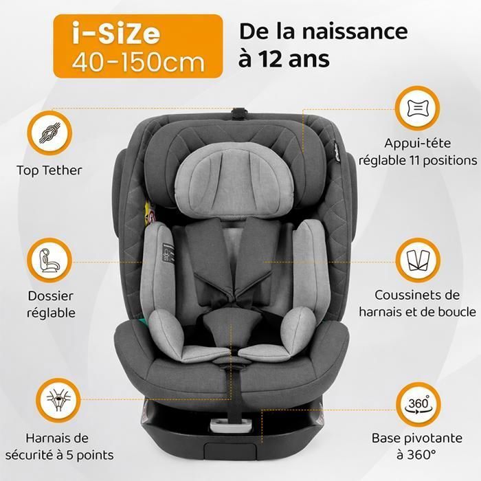 Siège auto i-Size 360° ISOFIX + Top Tether 40-150 cm, dos/face route, ECE R129, gris
