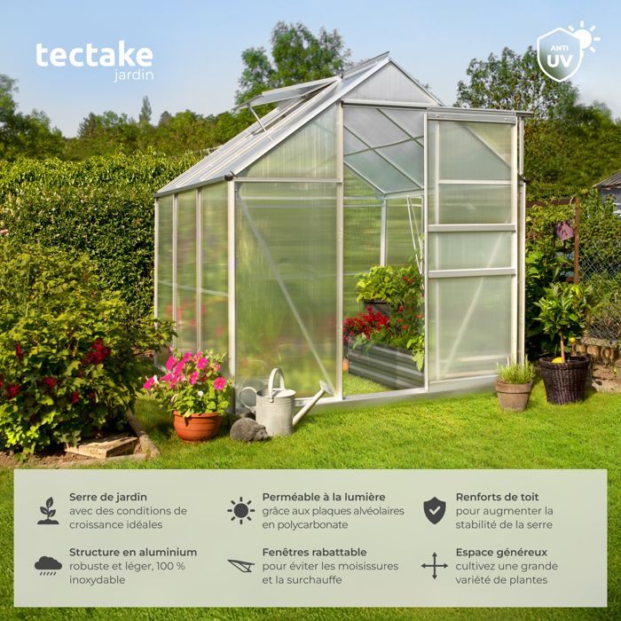 Garden greenhouse - TECTAKE - Outdoor polycarbonate greenhouse, 5.85 m³ surface area, sliding door, 185 x 190 x 195 cm, no foundation required