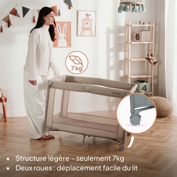 LIONELO Amelie 2-in-1 Reisebett/Laufstall – Leichtgewicht – 100 x 70 cm – Mit Rollen – Inkl. Tasche – Grau