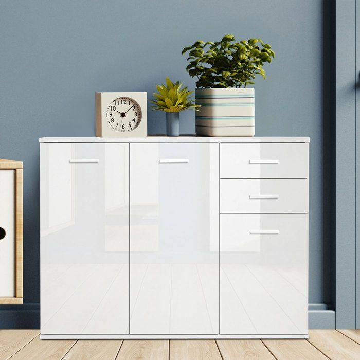 Aparador de salón - mueble de almacenamiento - HOMCOM - alto brillo, 2 cajones, 3 puertas, estante ajustable, estilo contemporáneo - madera - blanco
