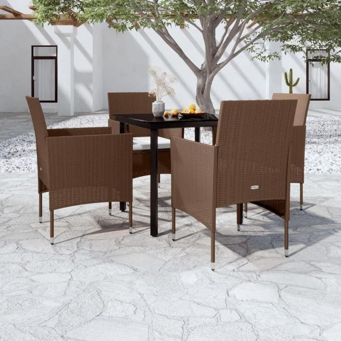 Conjunto de comedor de jardín - vidaXL - 5 piezas - Marrón/negro - Resina de mimbre - Acero con recubrimiento en polvo - Cristal