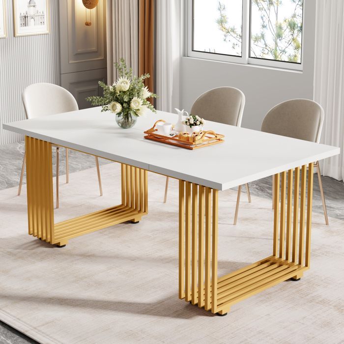 Table à Manger Moderne,Little Tree,180 cm Table de Cuisine en Bois avec Pieds en Métal Doré Pour 6 à 8 Personnes,Blanc et Or