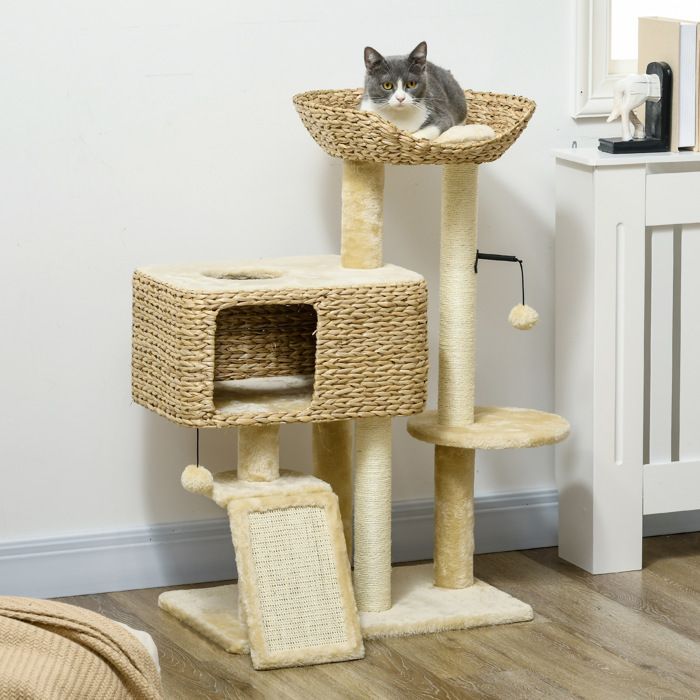 Katträd - PawHut - klösträd, klösträd, korg, utsiktsplattformar, pompom-center - plysch - höjd 98 cm - beige