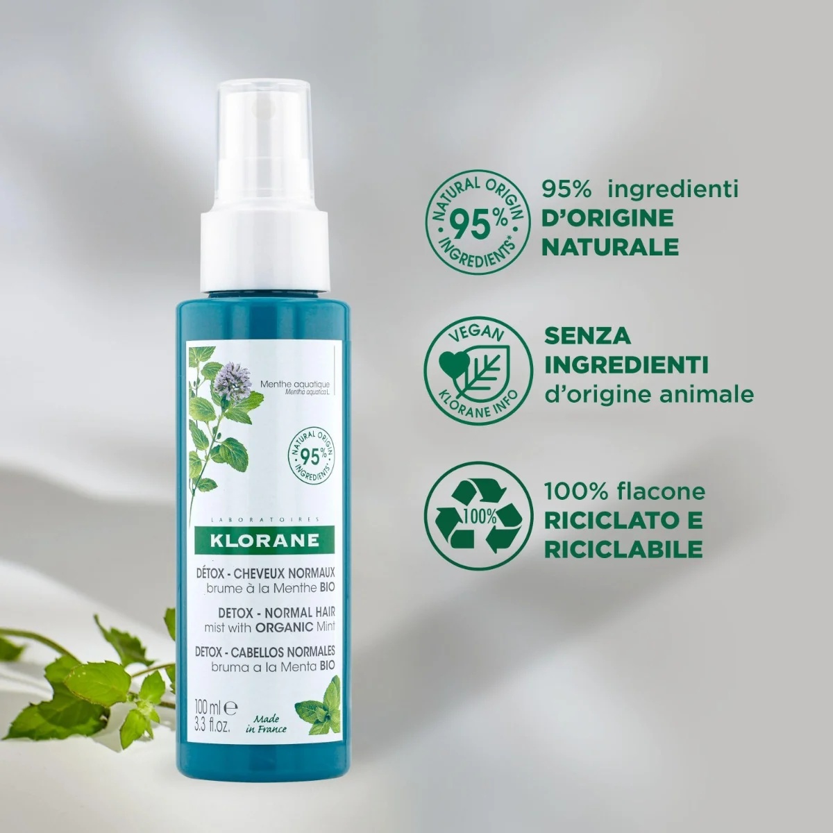 KLORANE Reinigingsspray met biologische watermunt 100 ml voor normaal haar