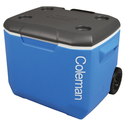60 qt (56 l) čierno-modrý pevný chladiaci box s kolieskami