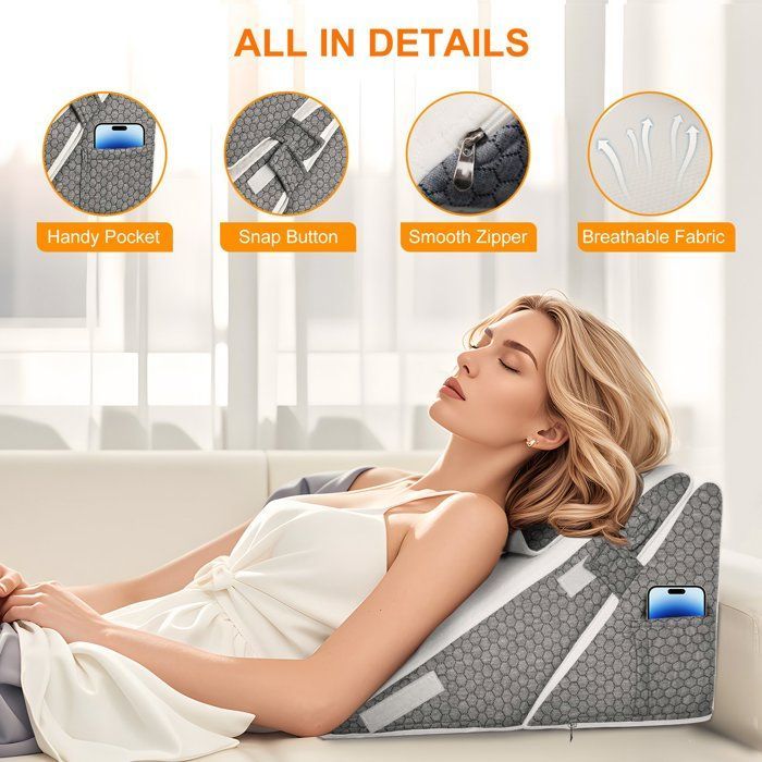 Cuscino a cuneo triangolare pieghevole in memory foam per apnea notturna e reflusso gastroesofageo, regolabile da 25 a 30 cm.
