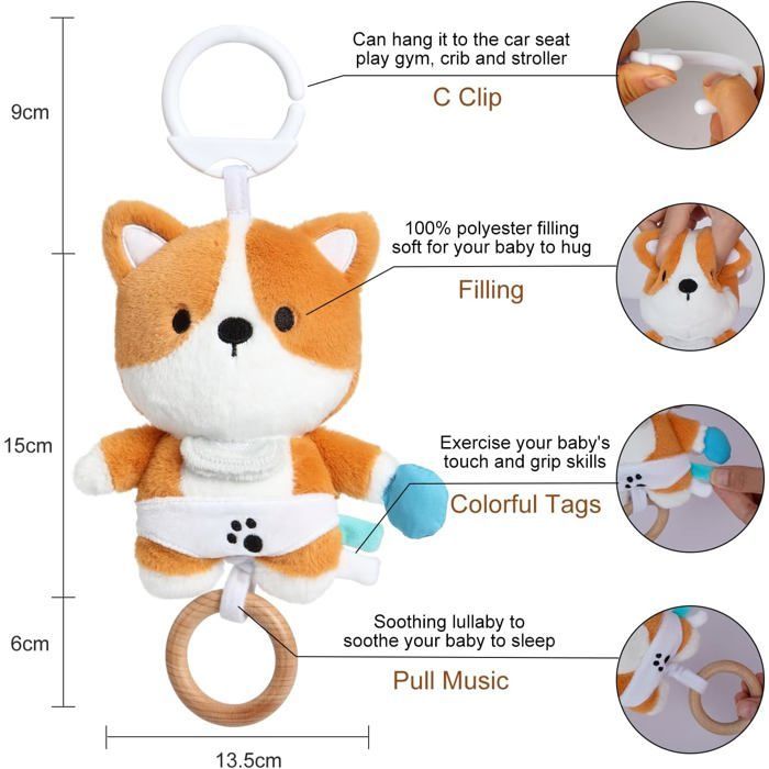 Raposa de pelúcia musical com música suave - Ideal para carrinhos de bebê e berços - Presente perfeito para bebês