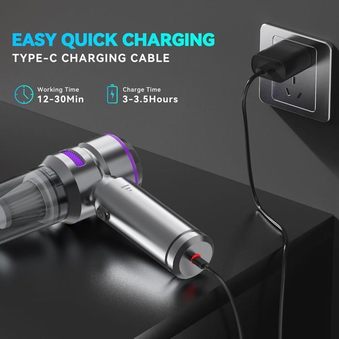 Aspirateur à Main,16000 Pa Aspirateur Voiture Puissant sans Fil, Portable USB Rechargeable, pour Voiture Animaux Maison, Argent