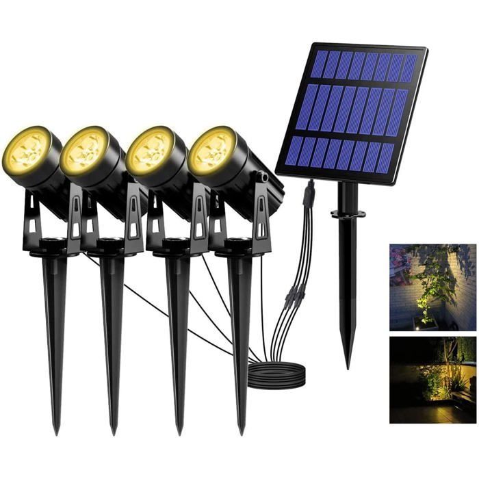 Conjunto de 4 holofotes solares, luzes solares para jardim, luzes solares externas à prova d'água, refletores solares LED de 3000K com cabo de 12 m.