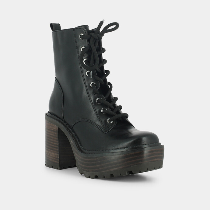 Bottines à talons et lacets  en cuir noir