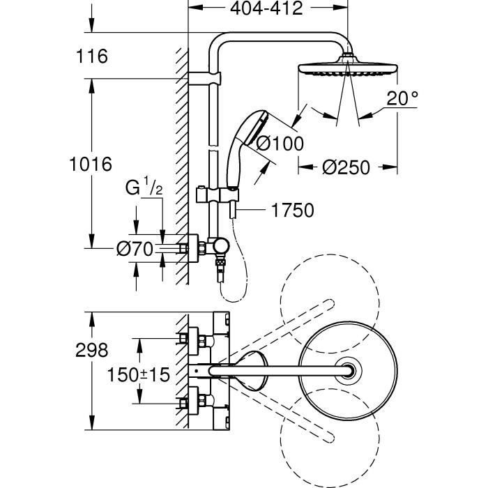 GROHE Vitalio Start 250 douchekolom met thermostatische mengkraan, 250 mm douchekop, 2-straals handdouche, 26816000