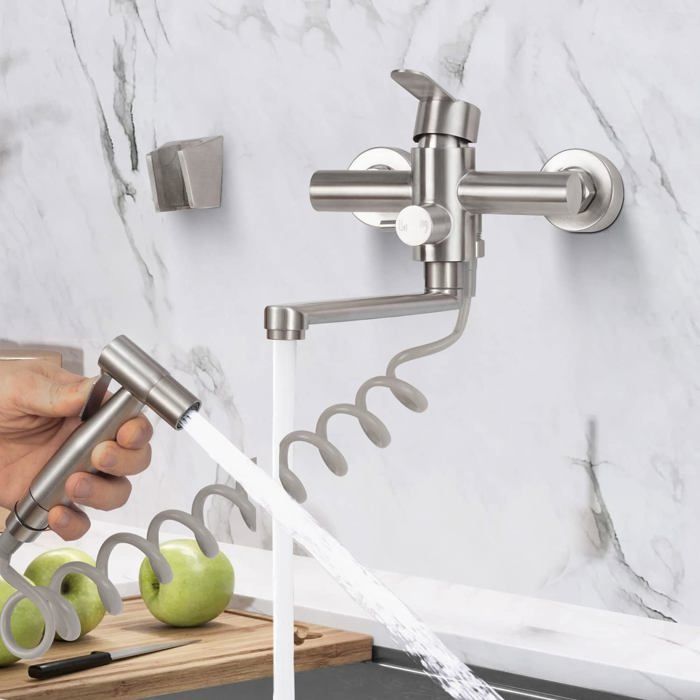 Grifo de cocina mural, grifo mezclador mural con rociador, grifo mezclador giratorio de 360°, caño giratorio de 23 cm, acero inoxidable.