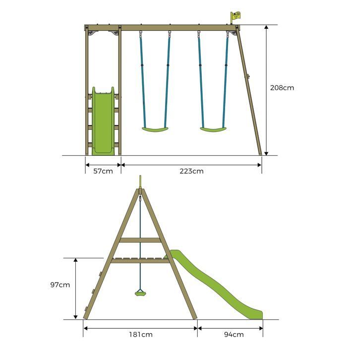 Set di altalene e scivolo in legno THYMELA con 2 altalene, altezza 200 cm