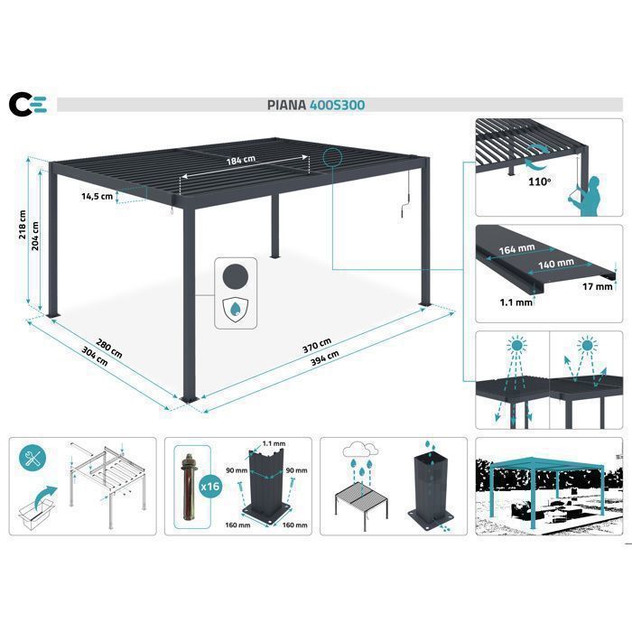 Pérgola bioclimática autoportante PIANA Cazeboo, aluminio, 4x3 m, gris antracita, lamas de acero ajustables.