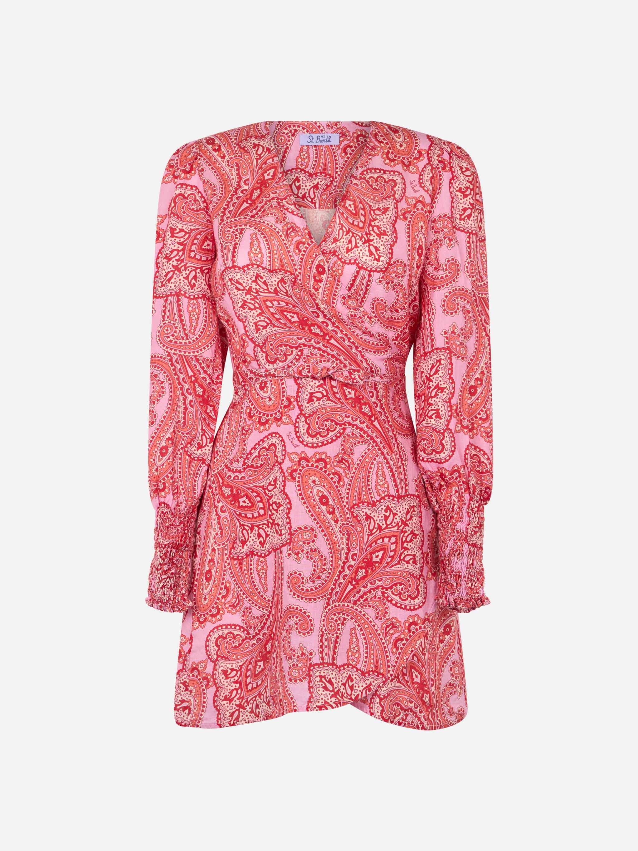 Schitterende korte linnen wikkeljurk met paisleyprint.