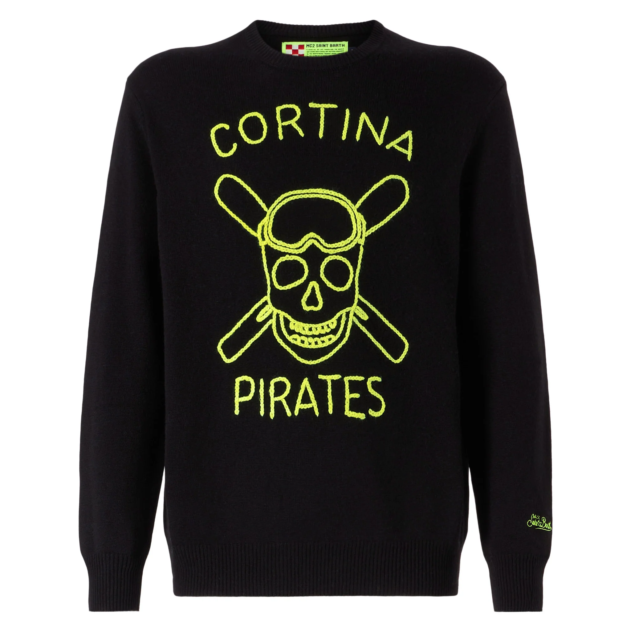 Schwarzer Herrenpullover mit fluoreszierender Cortina-Piratenstickerei