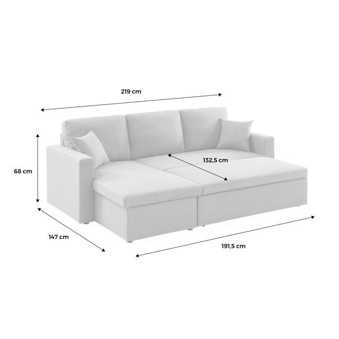 Sofá-cama de canto em tecido cinza claro - IDA - 3 lugares. Poltrona de canto reversível com compartimento de arrumação e cama modular.