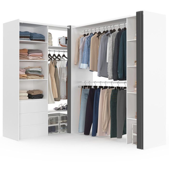 IDMARKET Dressing extensible d'angle MARLON 200 x 150 x 180 cm blanc avec penderies + tiroirs + étagères + rideaux gris