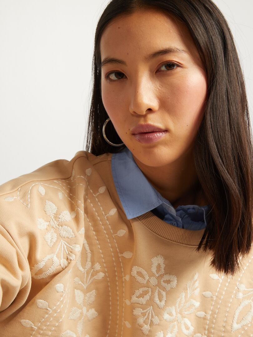 Sweatshirt van fleece met borduurwerk - BEIGE