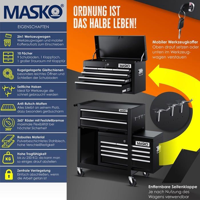 Carrinho de oficina - MASKO - 9 gavetas com fechadura - Aço maciço - Rodízios giratórios com freios