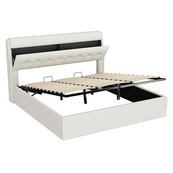 Tweepersoons gestoffeerd PU-bed 180x200, hydraulisch bed met verborgen opbergruimte naast het bed, opbergbed voor volwassenen met lattenbodem en hoofdeinde, wit