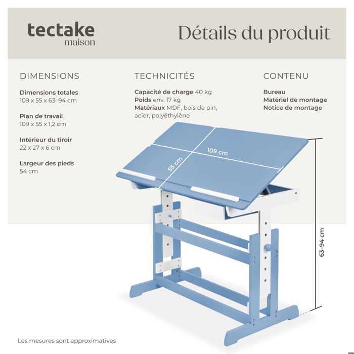 ESCRITORIO PARA BEBÉS/NIÑOS - TECTAKE - Escritorio infantil regulable en altura e inclinable de 109 cm x 55 cm x 94 cm + cajón de almacenamiento -