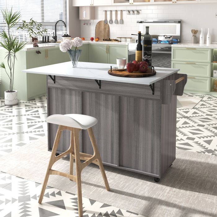 Desserte à Roulettes Cuisine rangement en bois multifonctionnelle avec plan de travail -avec tiroir-L129 x P46(71) x H91.5 cm-Gris