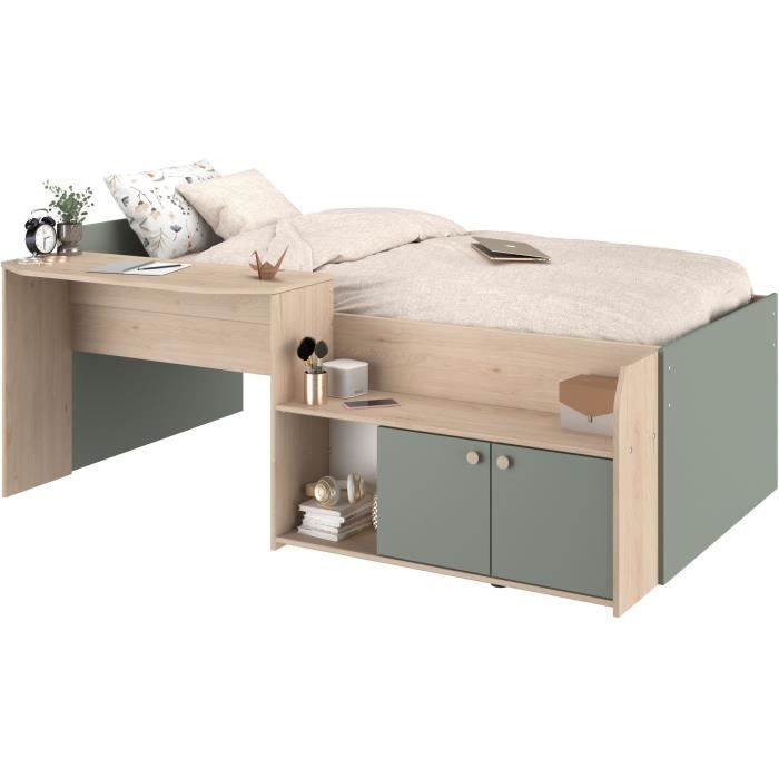 Letto combinato per bambini JADE 90x190/200 cm - Rovere / Verde celadon - Scrivania e contenitore - PARISOT