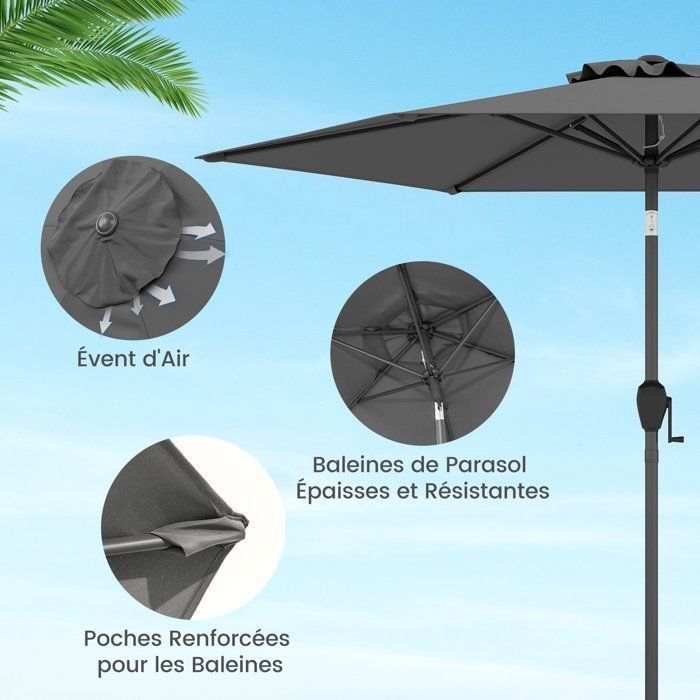 Ombrellone da giardino da 230 cm - COSTWAY - Angolo regolabile 35° - Inclinazione a pulsante - Manovella - Telo ventilato per patio - Grigio