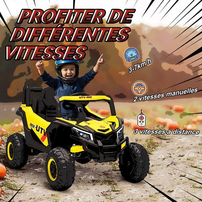 Coche eléctrico UTV infantil AIYAPLAY - Control remoto, luces LED, música, puerto USB - PP y metal - 96 x 61 x 56 cm - Amarillo