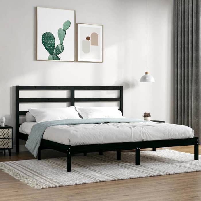 Cama de madera negra de 200 x 200 cm - Estable y duradera - Estructura de cama - Colchón no incluido - Madera maciza de pino negra de 200 x 200 cm