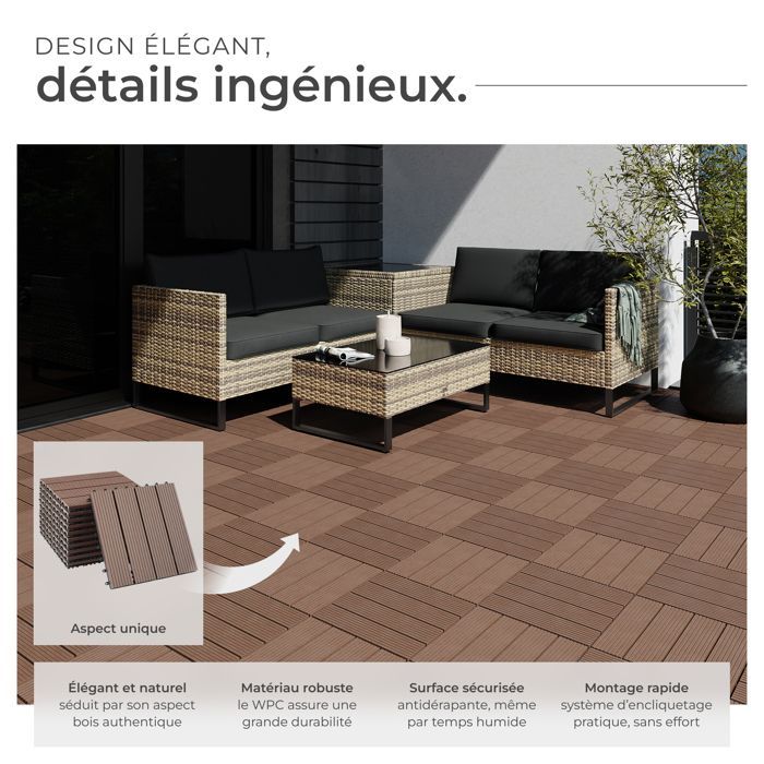 Baldosas para terraza - TECTAKE - Juego de 11 baldosas para terraza TEGULAS en WPC con aspecto de madera - Marrón