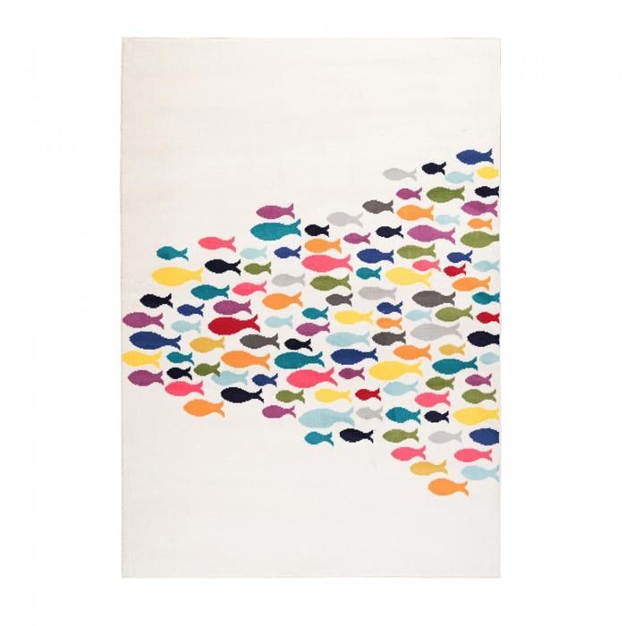 Tapis enfant 60x110 rectangle tissé crème motif animaux FISHES