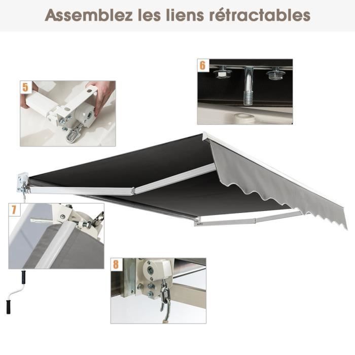 COSTWAY Handmatig uitschuifbaar zonnescherm 295x250CM Verstelbare hoek 40°-100° Geen boren nodig Metaal en stof voor raam/balkon/tuin Grijs