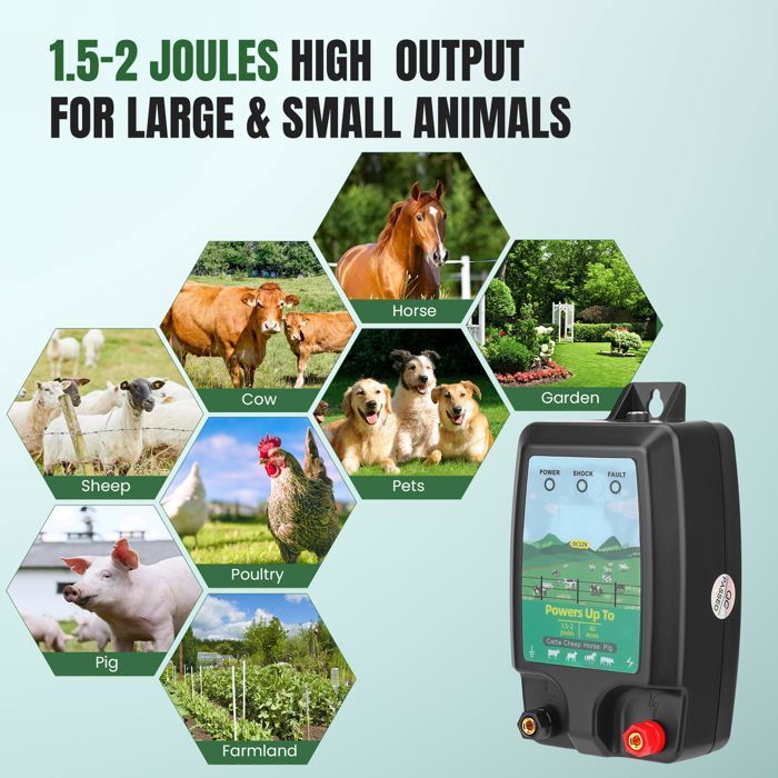 Elettrificatore per recinzione elettrica da 10 km per animali, kit per recinzione da giardino da 1,5 a 2 J - Impermeabile IP45