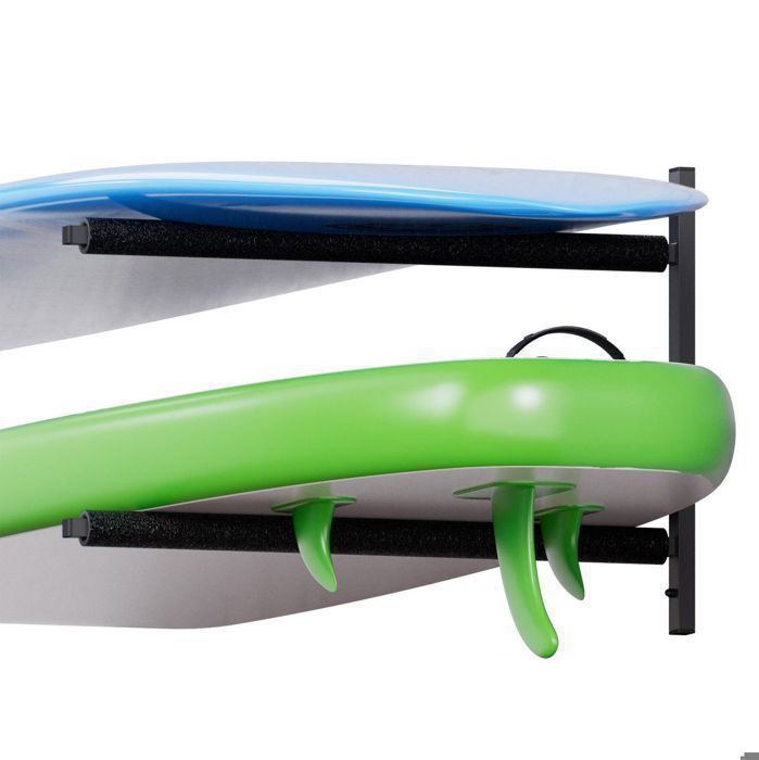 Wall-mounted surfboard and SUP rack with mounting hooks, protective foam, and two-tier steel workshop shelf