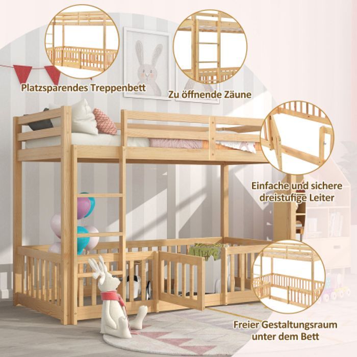 DRIPEX Lit Superposé 200x90cm avec escalier à angle droit,Lit Enfant avec barrières de sécurité et petites portes,naturel