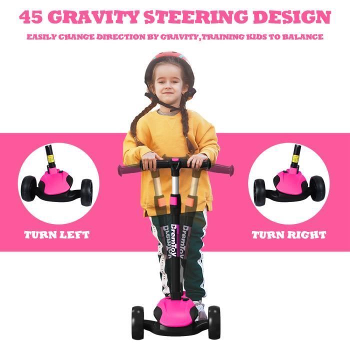 Patinete infantil BremToy 3 em 1 com assento dobrável, patinete de 3 rodas com LED para crianças, patinete infantil com altura ajustável.