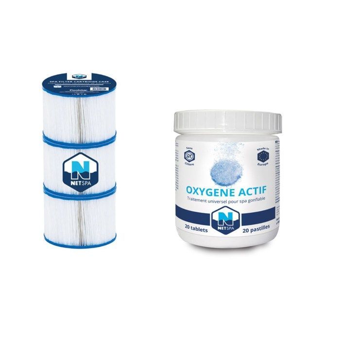 Productos para el mantenimiento del spa: cartuchos de filtro y oxígeno activo.