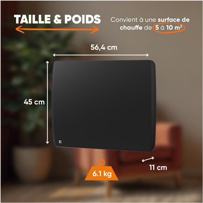 Radiador eléctrico fijo de cerámica de inercia seca - BESTHERM - ARIA 1000W - horizontal negro