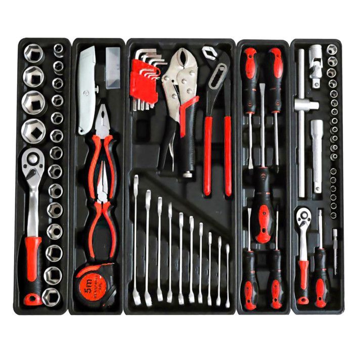 Caja de herramientas metálica ultrarresistente Kraft Müller KM-85PCS ROJA Y NEGRA con 85 herramientas de cromo vanadio, destornilladores y alicates.