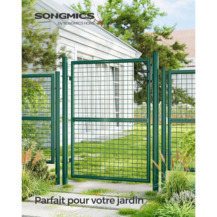 Puerta de jardín de malla, valla con cerradura, puerta de 106 x 125 cm (ancho x alto), tubo redondo, verde.