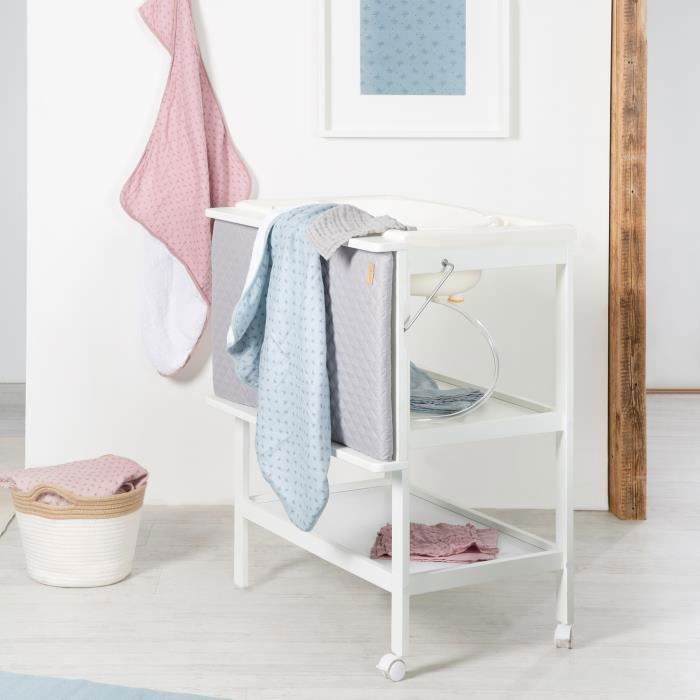 ROBA Wickeltisch mit integrierter Badewanne, weißem Babybecken und wasserdichter Wickelauflage, Grau - drehbarer Wickeltisch
