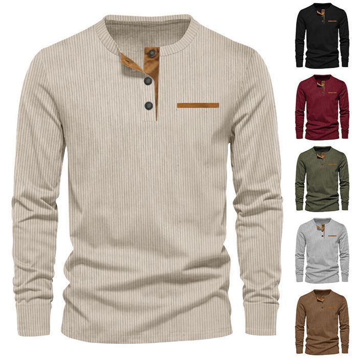 T-shirt casual da uomo a maniche lunghe in velluto a coste, vestibilità slim, scollo Henley, tinta unita, comoda - Taglia UE - Albicocca