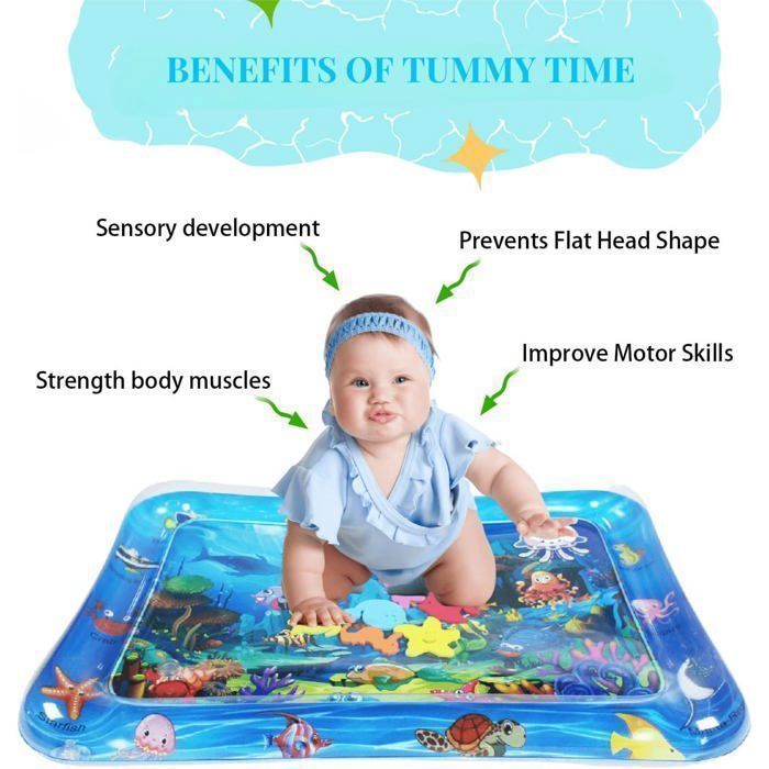 Alfombra de agua para bebés, alfombra sensorial para niños pequeños de 66 x 46 cm, regalo y juguete para bebés de 3 a 12 meses, azul.