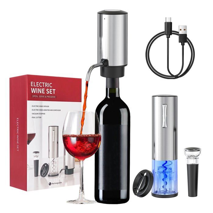 Tire Bouchon Electrique avec Ouvre Bouteille Rechargeable, Aérateur de Vin Automatique, Coupe-Capsule, Bouchon à Vide et Câble USB