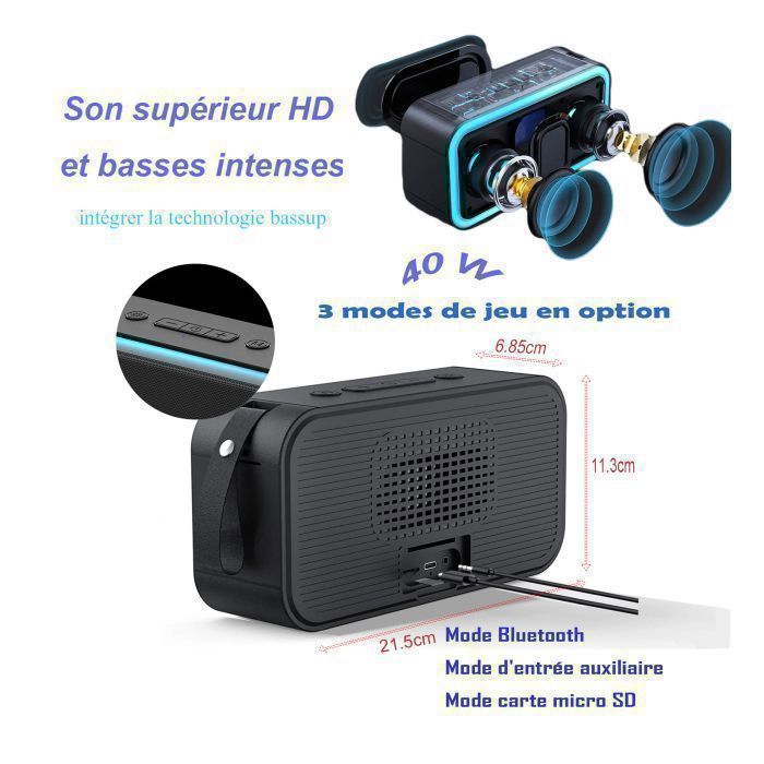 Enceinte Bluetooth Portable-Haut-parleur Bluetooth sans fil portable-TWS-20 heures d’autonomie - 40W - étanche IP67 Avec Micro, LED