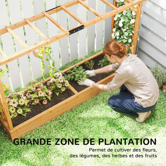 Jardinière surélevée - Outsunny - avec treillis latéral et supérieur, trous de drainage - pour plantes grimpantes - bois naturel