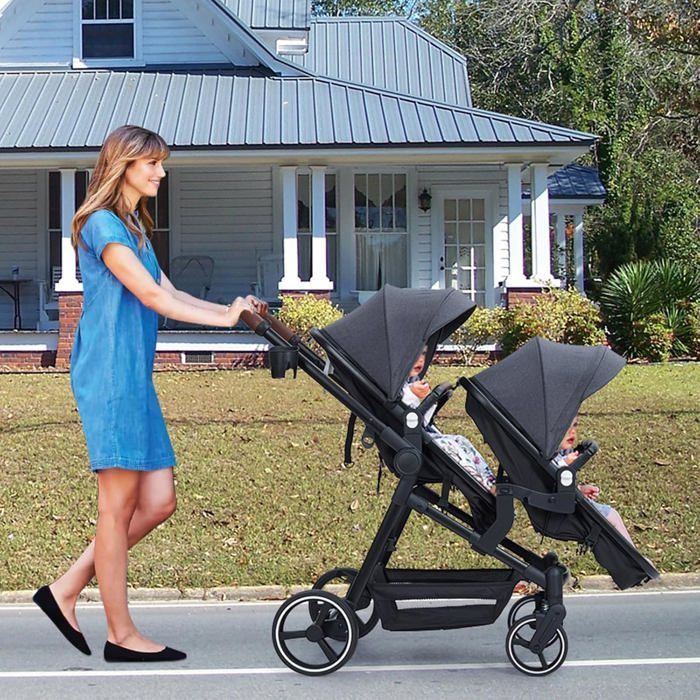 Poussette Double Légère Landau Pliable de Voyage, Poussette Tandem Compacte Avec Siéges Réversibles, Nacelle Bébé, Charge Max 30 kg
